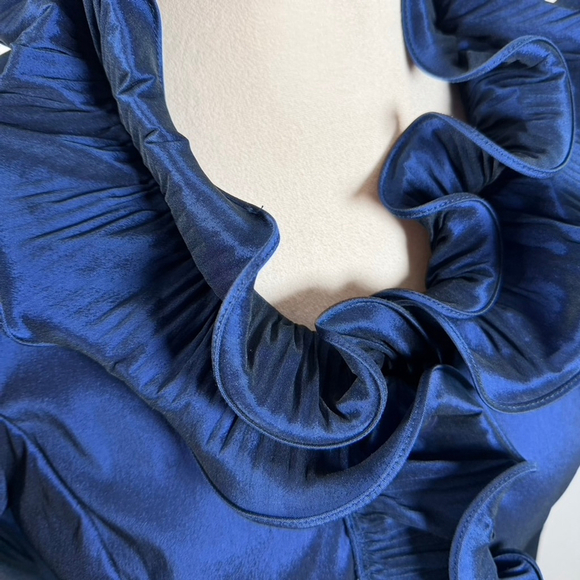 Samuel Dong Blue Satin Wired Ruffle Button Top Blouse Stretch Artsy Chic Size 8 - Picture 9 of 13